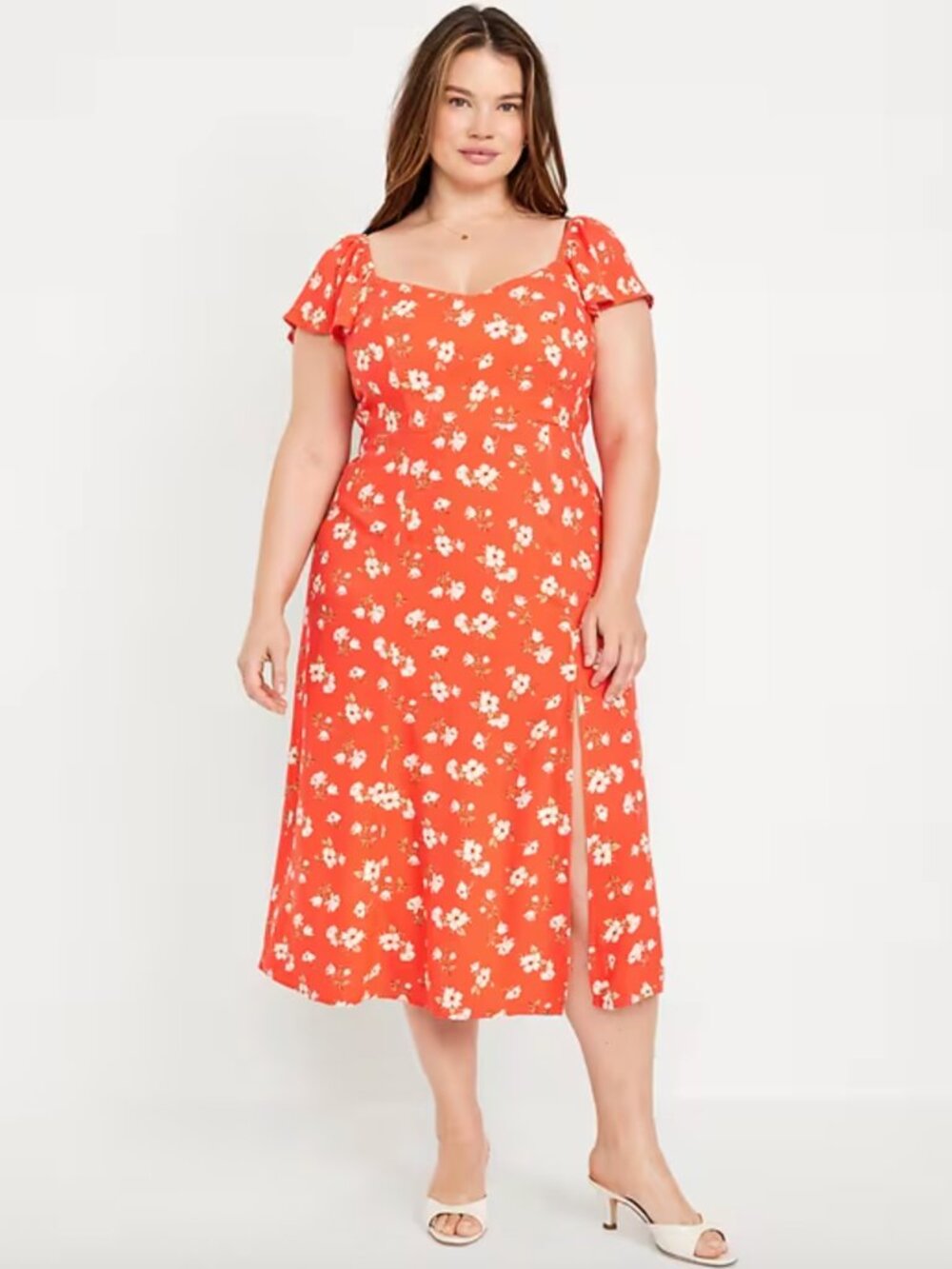 Old Navy Flutter-Sleeve Crepe Midi Dress Large Red Orange Floral